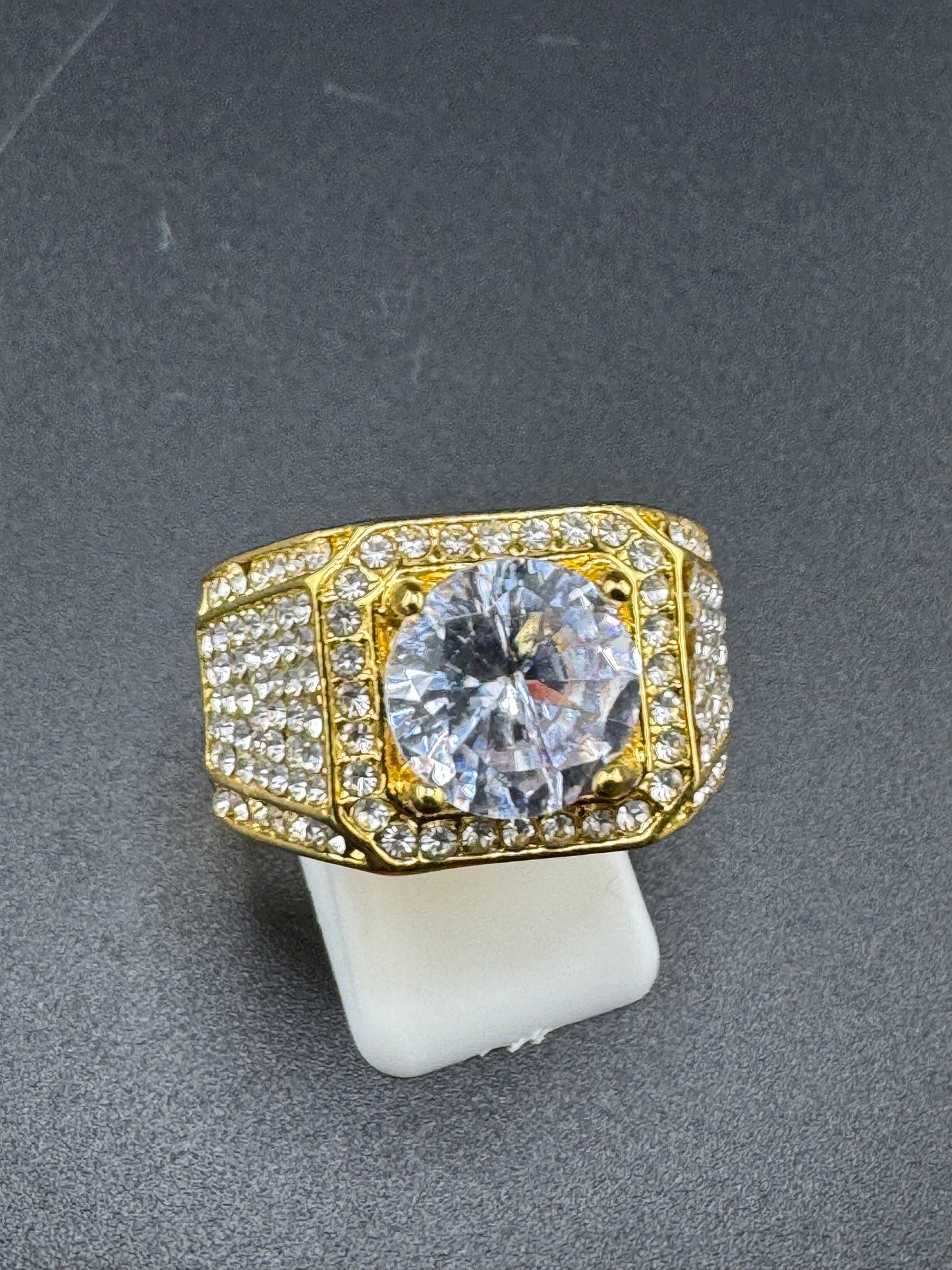 Gold Plated Stainless Steel CZ Diamond Ring – 3.5 Carat Center Stone, Size 11.25