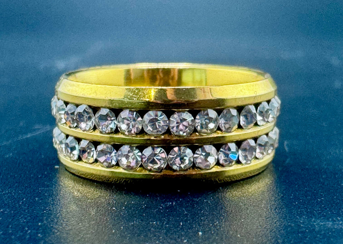 Stainless Steel Gold Plated 2-Row CZ Diamond Band – 8.7mm, Size 7.5 detail view