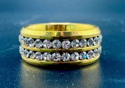 Stainless Steel Gold Plated 2-Row CZ Diamond Band – 8.7mm, Size 7.5
