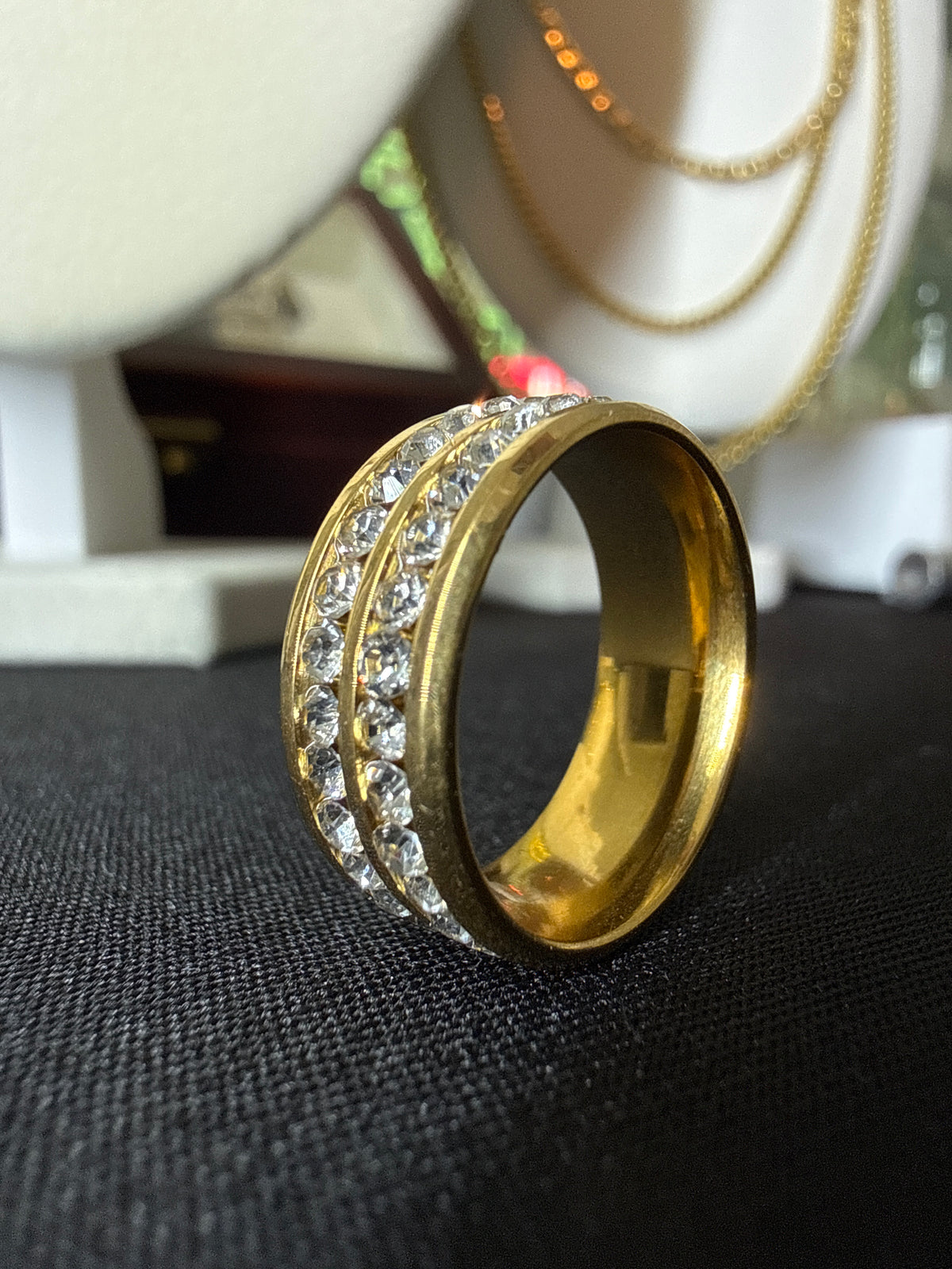 Gold Plated Stainless Steel 2-Row CZ Diamond Band – 8mm, Size 6.5