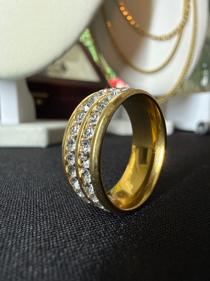 Gold Plated Stainless Steel 2-Row CZ Diamond Band – 8mm, Size 6.5