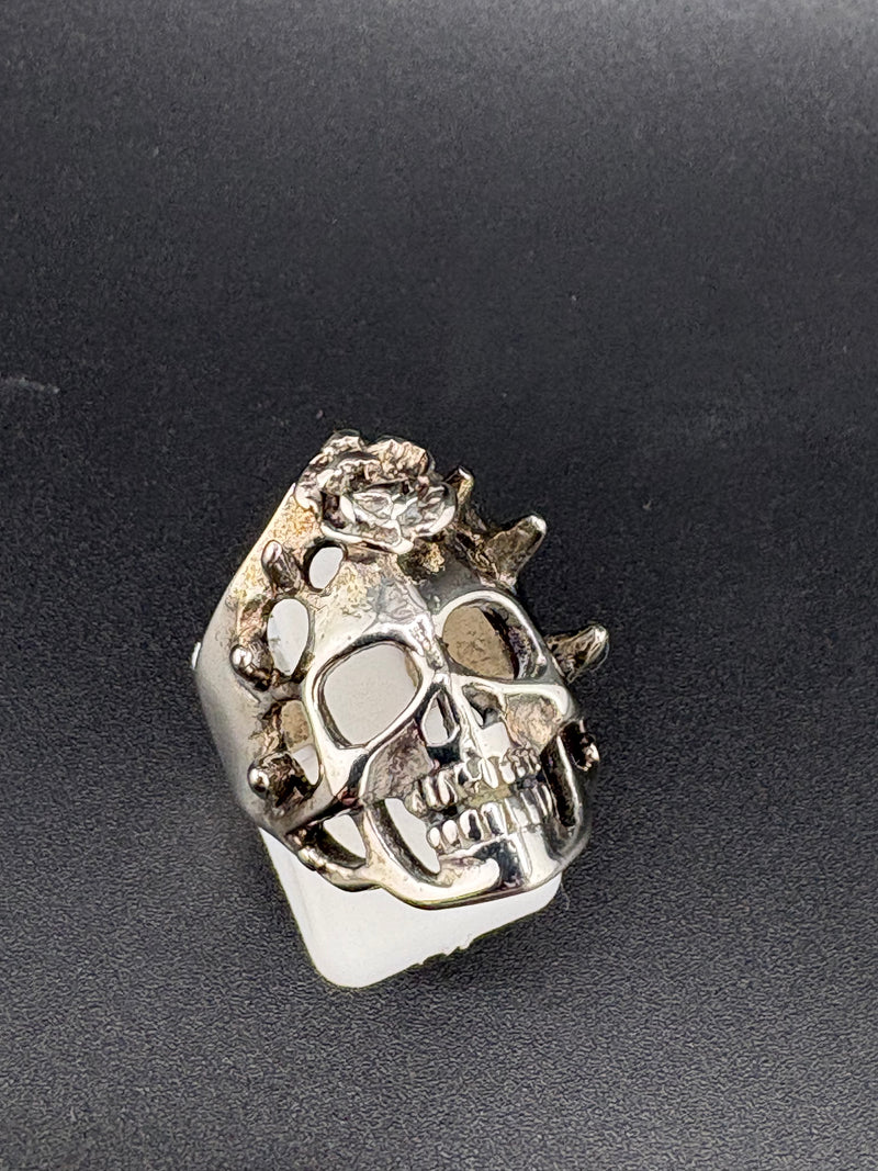 .925 Sterling Silver Skull & Rose Ring – 9g – Size 6.75