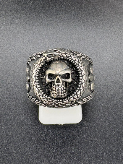 .925 Sterling Silver Skull & Snake Ring – 10.5g – Size 10