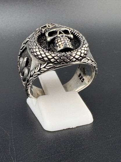 .925 Sterling Silver Skull & Snake Ring – 10.5g – Size 10