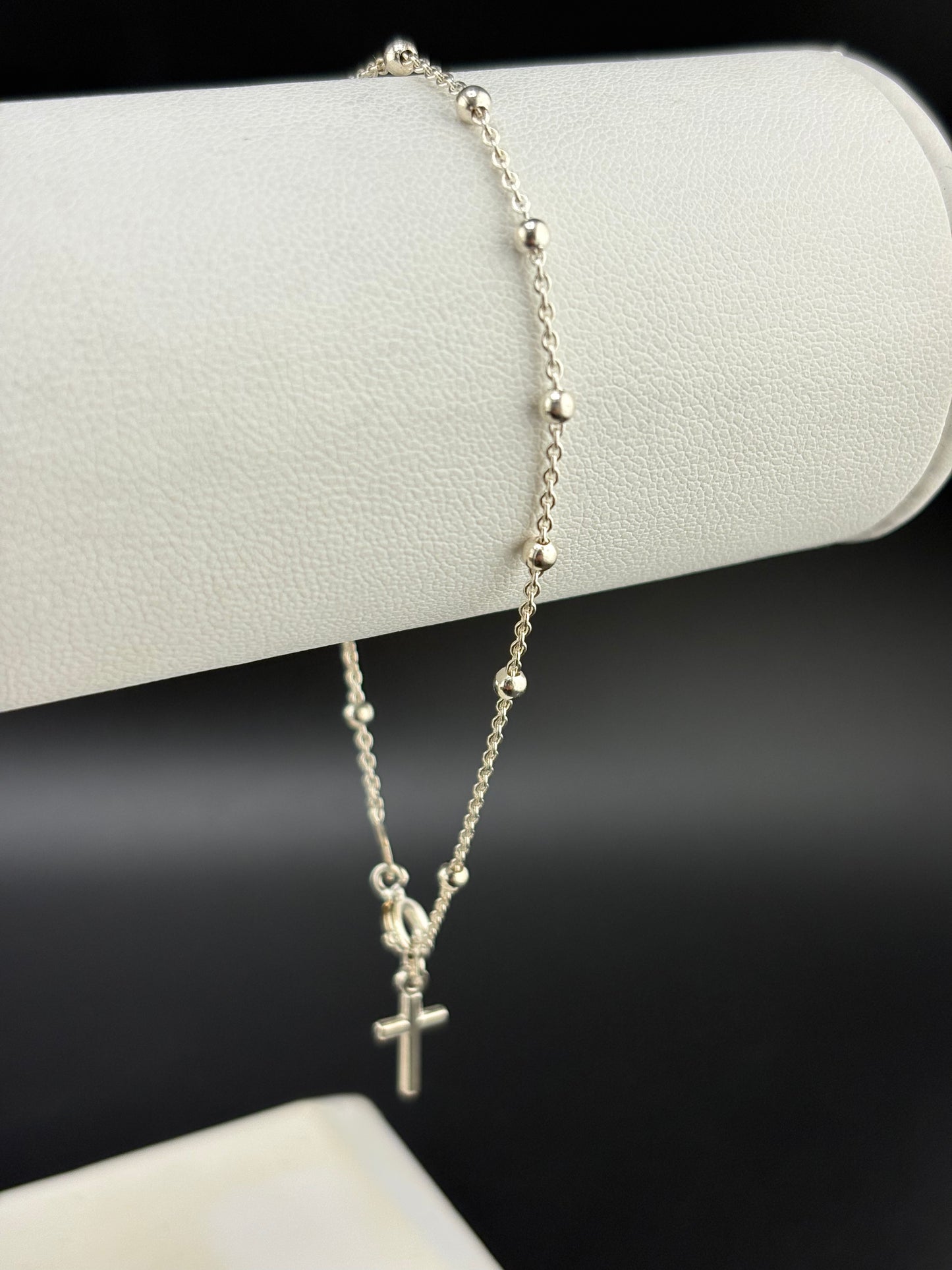 .925 Sterling Silver Satellite Chain Bracelet with Cross – 0.94mm – 7.25" – 1.78g