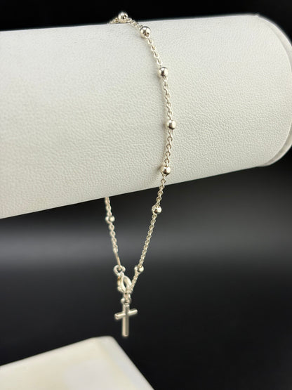 .925 Sterling Silver Satellite Chain Bracelet with Cross – 0.94mm – 7.25" – 1.78g