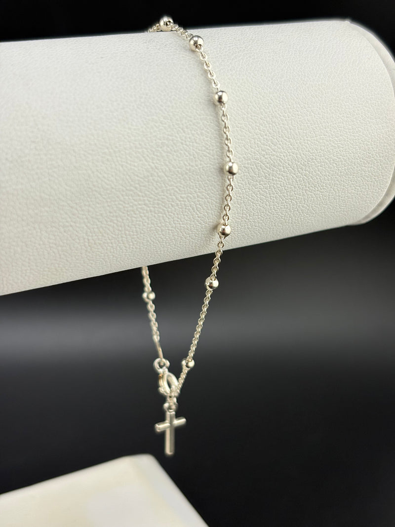 .925 Sterling Silver Satellite Chain Bracelet with Cross – 0.94mm – 7.25" – 1.78g
