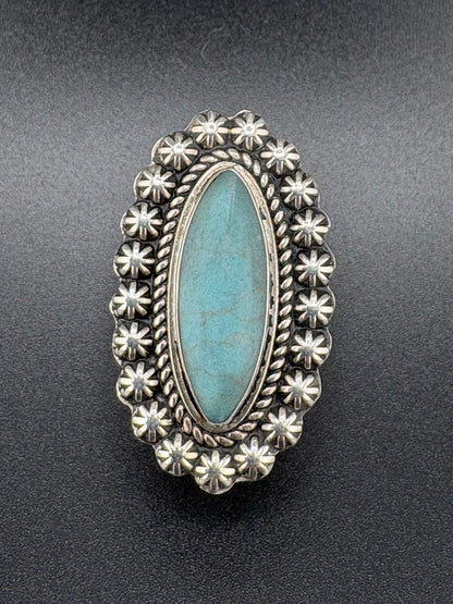 .925 Sterling Silver Large Turquoise Flower Ring – 7.15g – Size 6