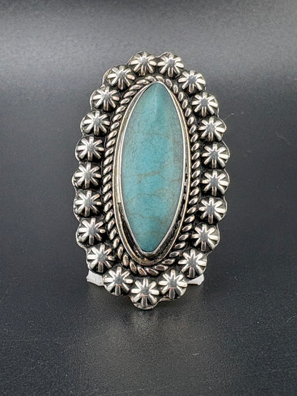 .925 Sterling Silver Large Turquoise Flower Ring – 7.15g – Size 6