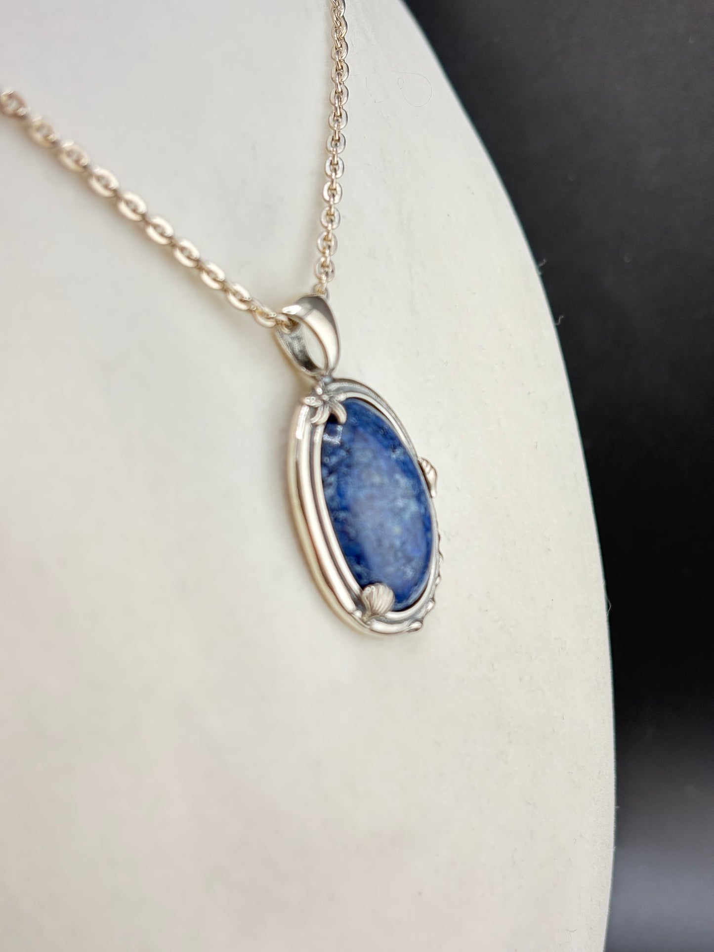 .925 Sterling Silver Shell Frame Pendant with Sodalite Stone – 23.44mm / 1.5"