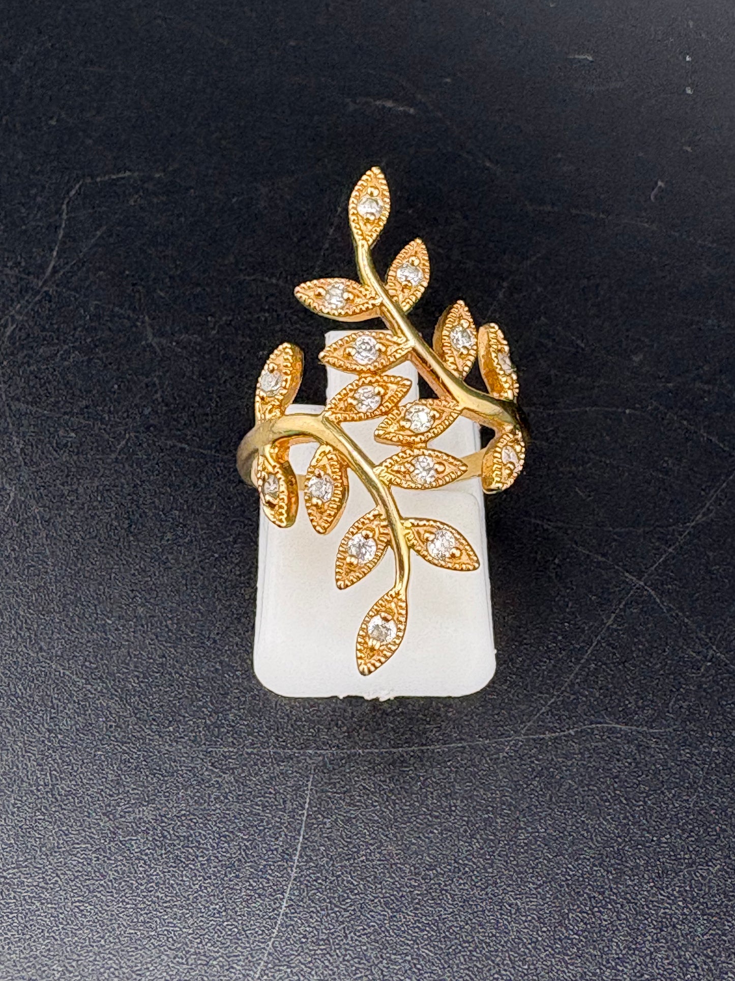 Leaves Ring -Gold Plated .925 Sterling Silver with  many CZ – 3g / Size 5