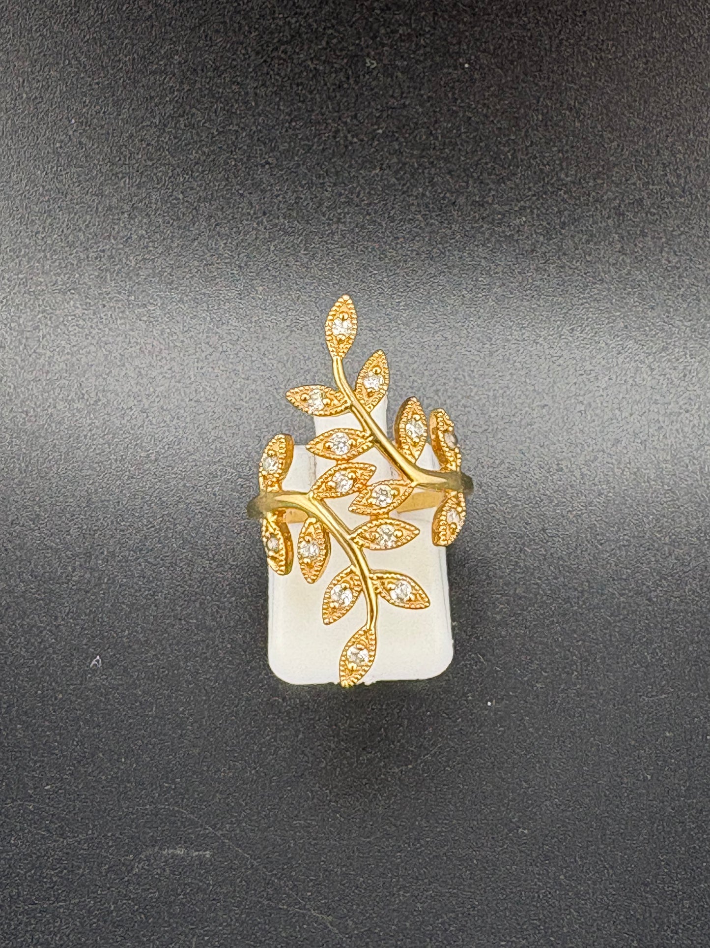 Leaves Ring -Gold Plated .925 Sterling Silver with  many CZ – 3g / Size 5