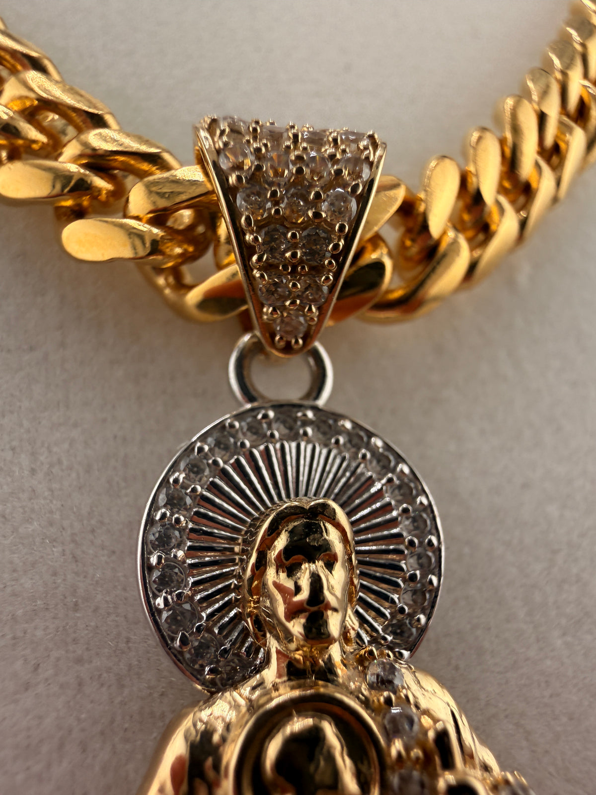 14K Gold Standing Jesus Pendant with CZ Diamonds – Two Tone Gold & White Gold Religious Charm (4.6g) detail view