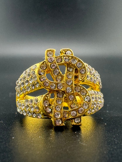 Gold Plated Stainless Steel CZ Dollar Sign Ring – Size 10.75, 7 Grams