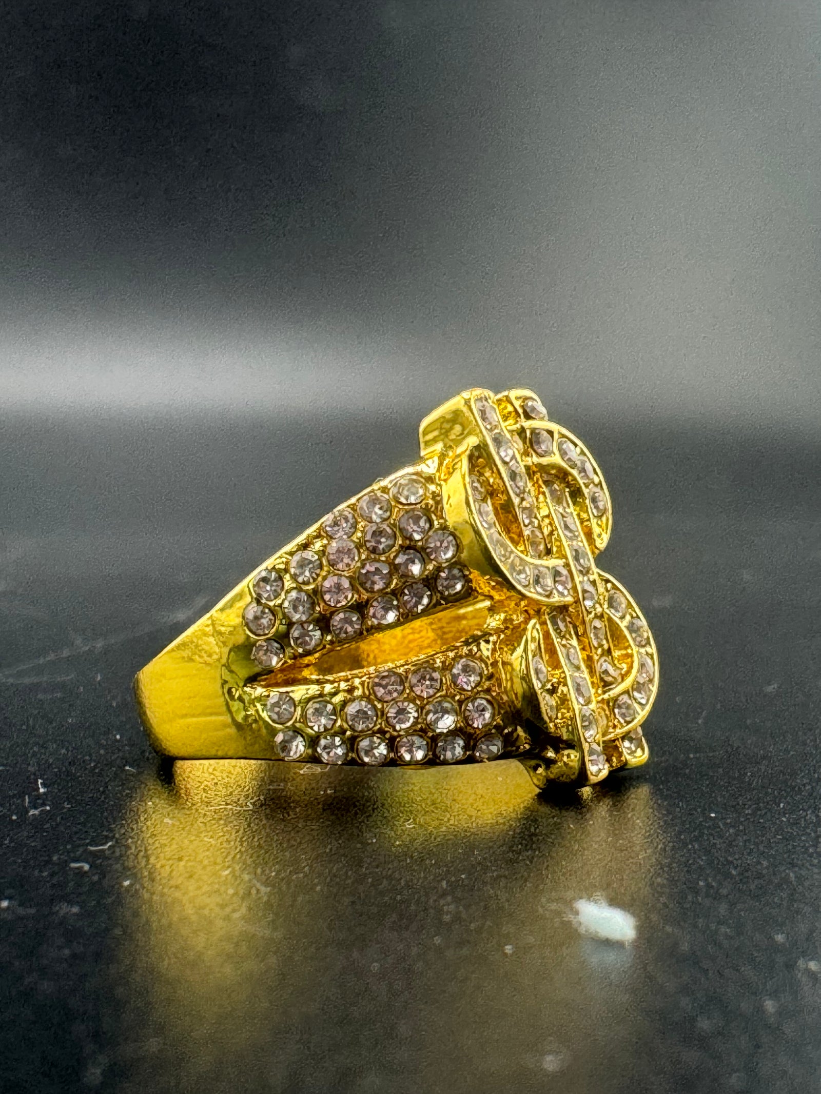 Gold Plated Stainless Steel CZ Dollar Sign Ring – Size 10.75, 7 Grams detail view