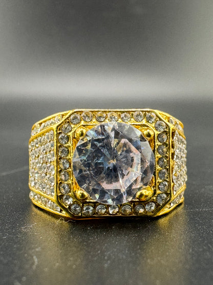 Gold Plated Stainless Steel CZ Diamond Ring – 3.5 Carat Center Stone, Size 10