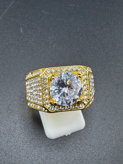 Gold Plated Stainless Steel CZ Diamond Ring – 3.5 Carat Center Stone, Size 11.25