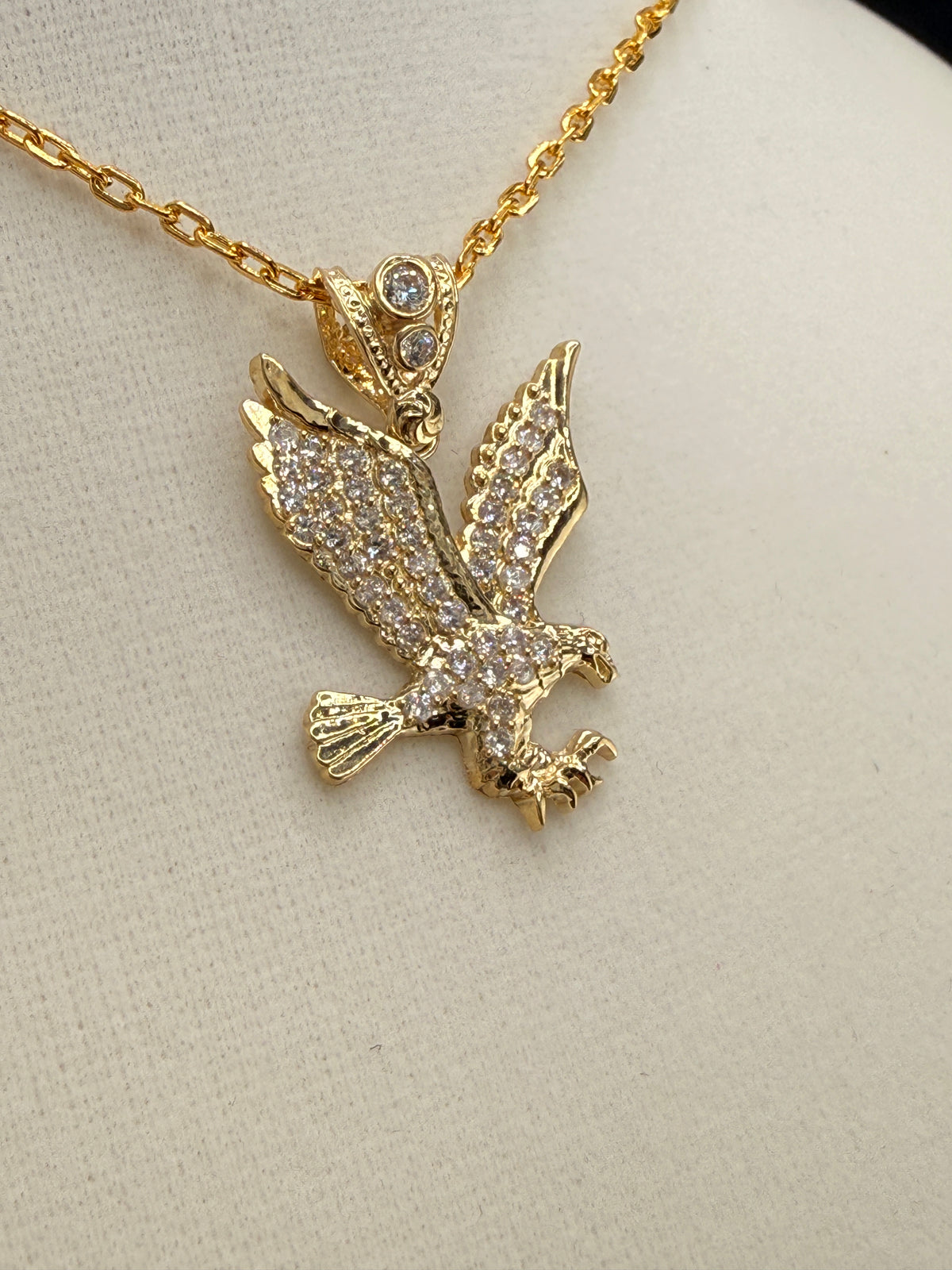 14K Gold  CZ Eagle Pendant detail view