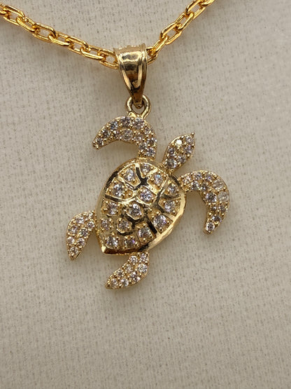 14K Gold CZ Diamond Turtle Pendant
