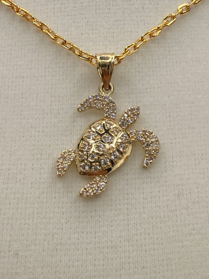 14K Gold CZ Diamond Turtle Pendant