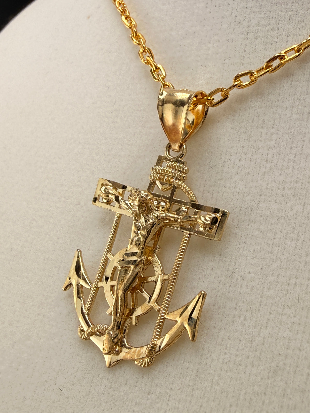 14K Solid Gold Nautical Anchor Jesus on Cross Pendant detail view