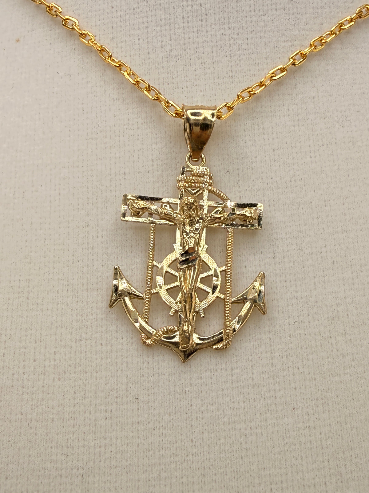 14K Solid Gold Nautical Anchor Jesus on Cross Pendant alternate product view