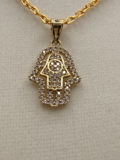 14K Solid Gold CZ Diamond-Encrusted Hamsa Hand Pendant