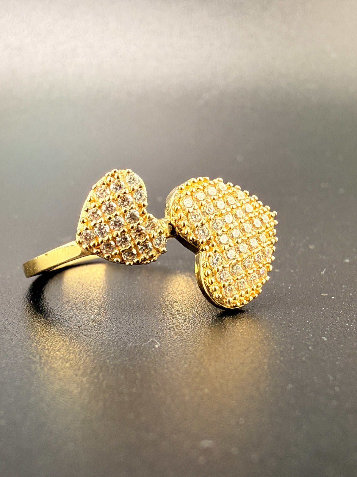 14K Solid Gold CZ Diamond Double Heart Ring detail view