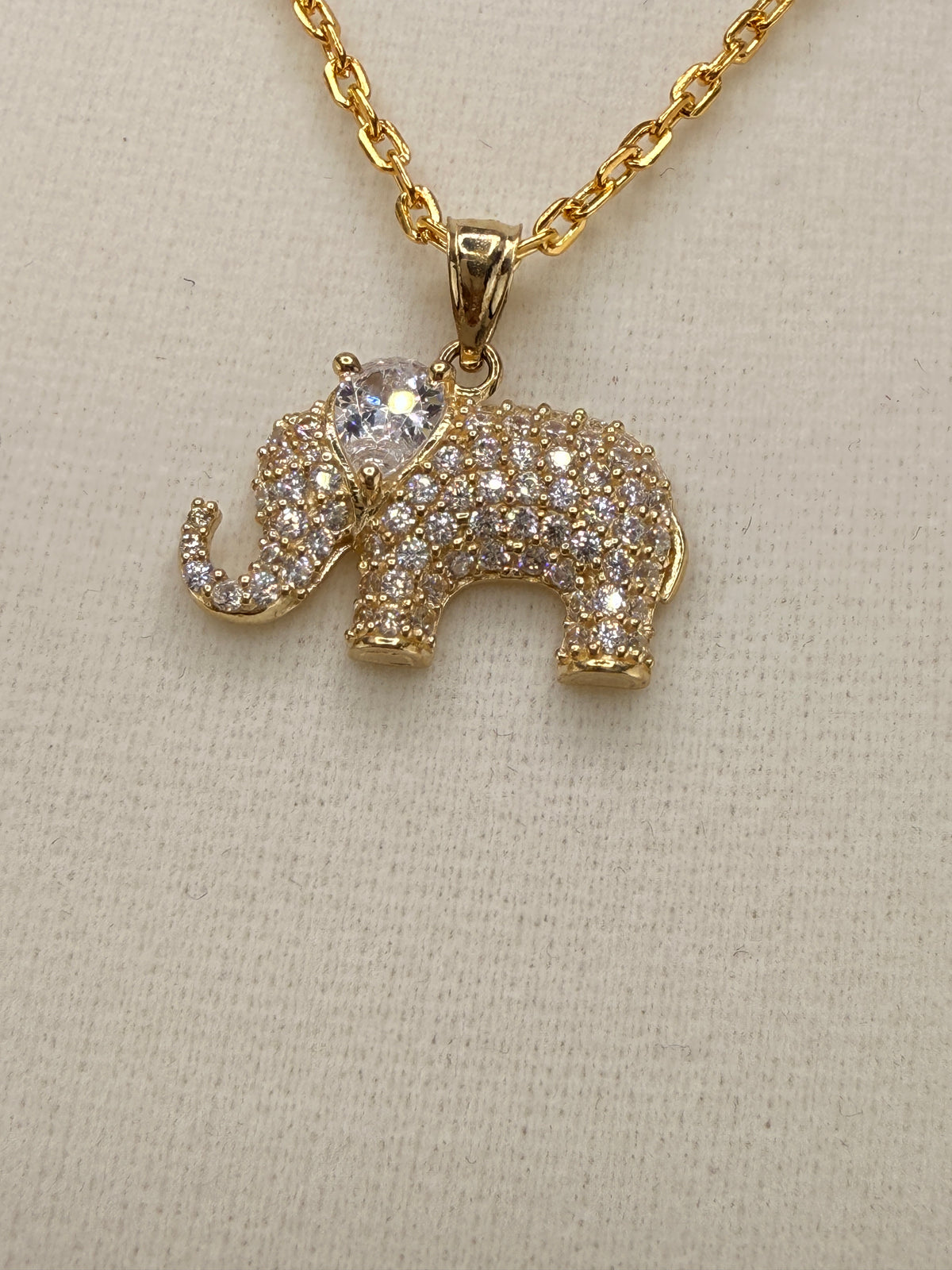14K Solid Gold CZ Diamond-Encrusted Elephant Pendant detail view