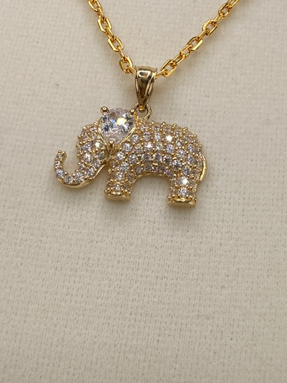 14K Solid Gold CZ Diamond-Encrusted Elephant Pendant