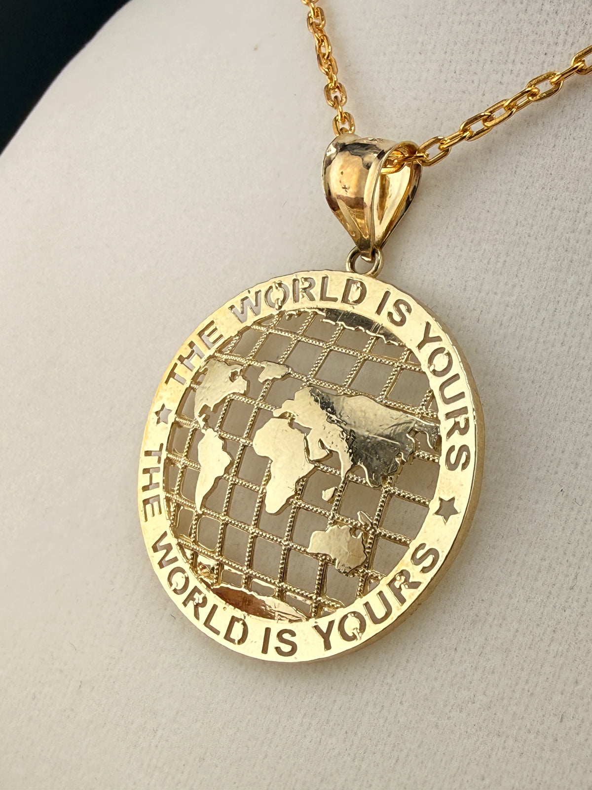 14K Gold “The World Is Yours” Map Pendant