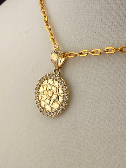 10K Solid Gold Round CZ Diamond Accent Gold Nugget Pendant