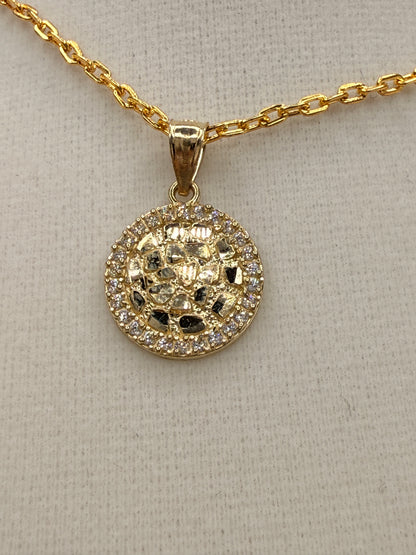 10K Solid Gold Round CZ Diamond Accent Gold Nugget Pendant