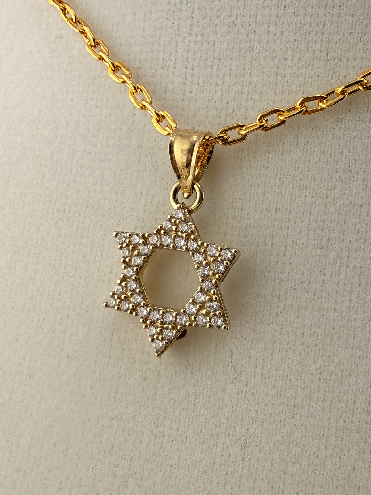 10K Solid Gold CZ Diamond-Encrusted Star of David Pendant detail view