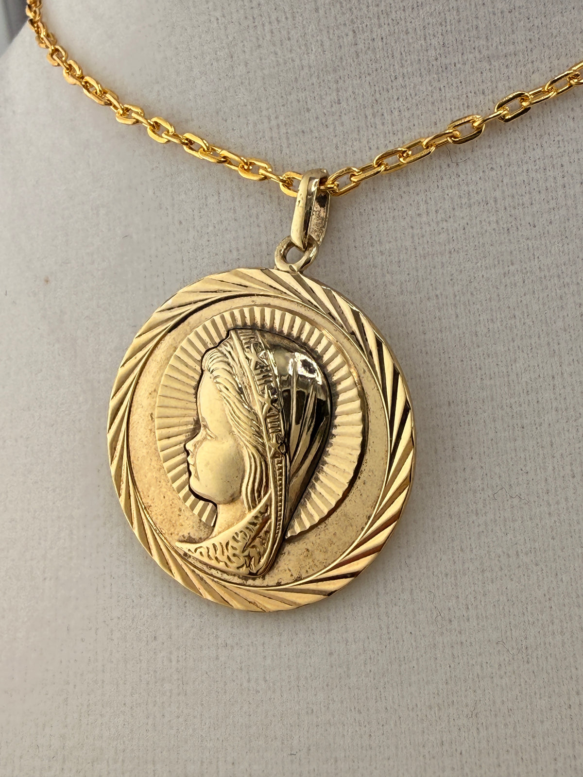 14K Gold Bonded Virgin Mary Pendant – .925 Sterling Silver, 1.5 Inch detail view