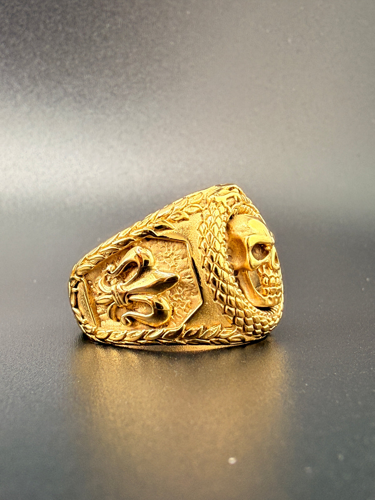 14K Gold Bonded Sterling Silver Skull Ring detail view
