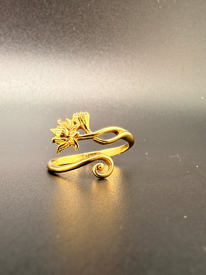 14K Gold Bonded Sterling Silver Lotus Flower Ring – Adjustable