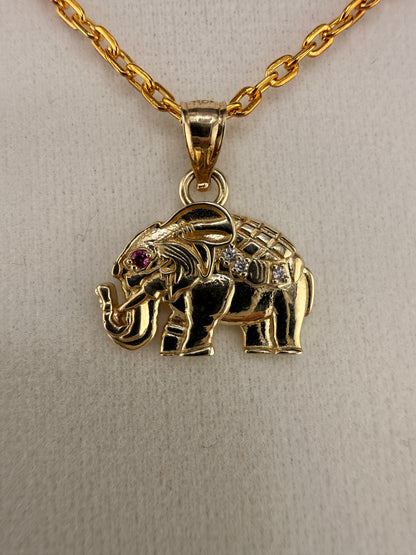 10K Solid Gold CZ & Ruby Accent Elephant Pendant