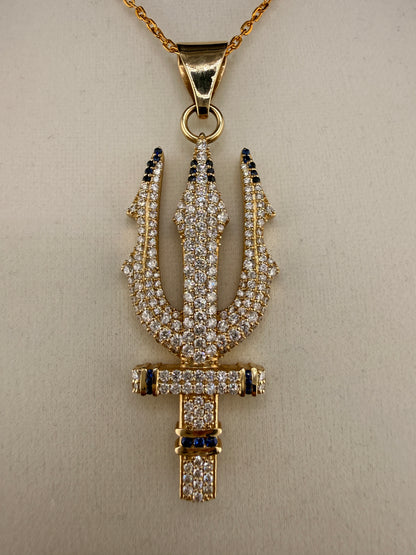 Trident Diamond & Sapphire Pendant – 14K Gold Custom One-of-One (4.42 CT LG Diamonds)