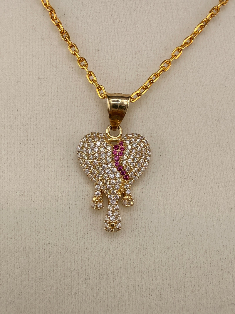 14K Solid Gold CZ Diamond-Encrusted Bleeding Heart Pendant