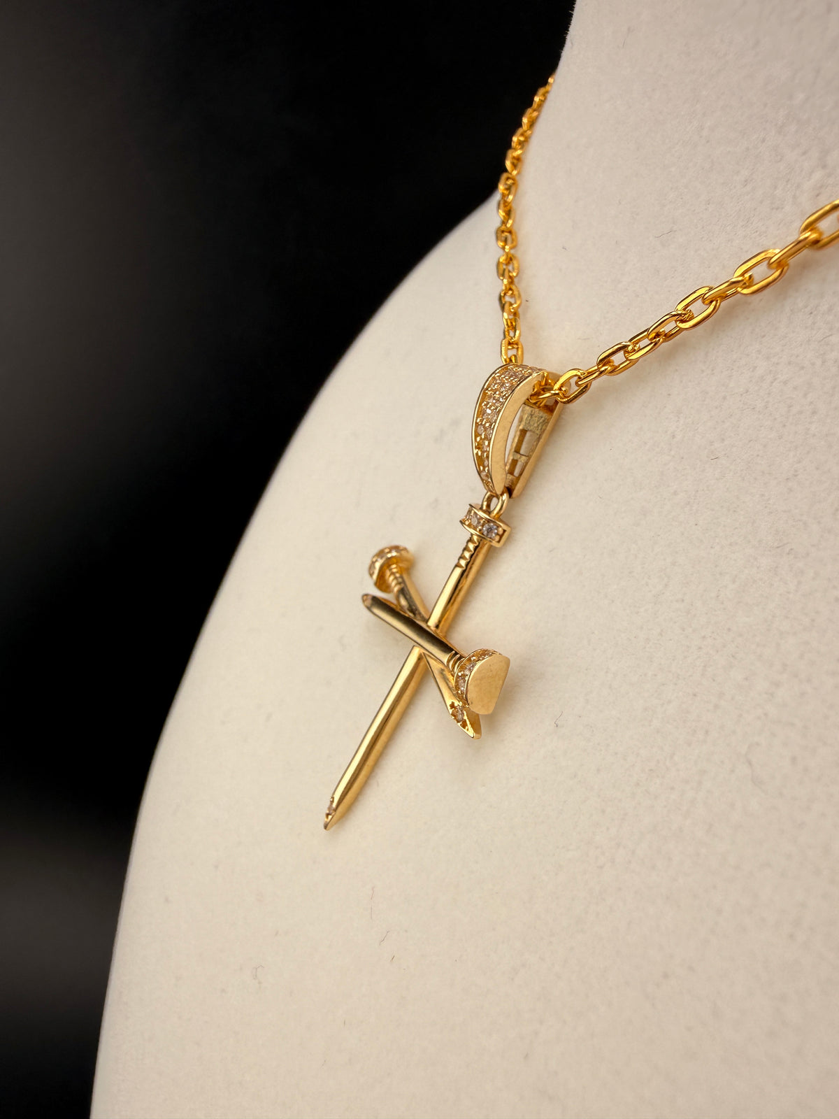 14K Gold Nail Cross Pendant with CZ Diamonds – 2.71g Real Gold Designer Cross |