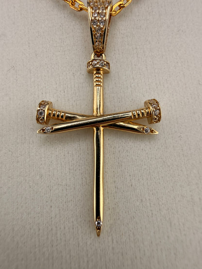 14K Gold Nail Cross Pendant with CZ Diamonds – 2.71g Real Gold Designer Cross |