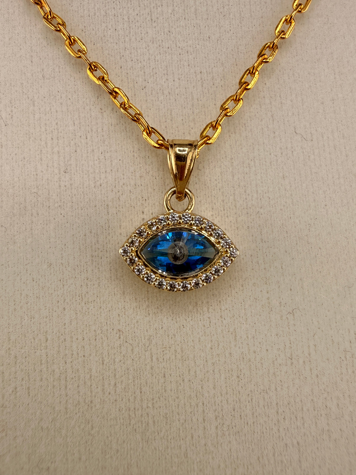 14K Solid Gold CZ Diamond Blue Evil Eye Pendant
