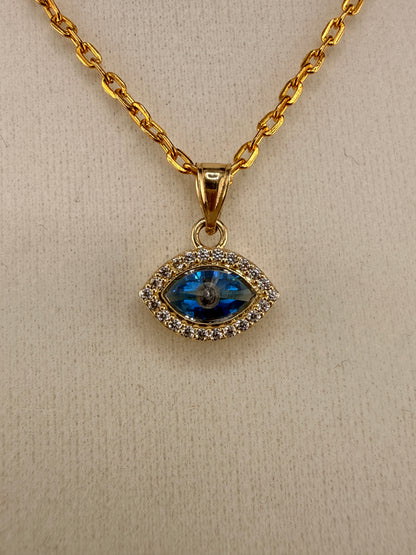 14K Solid Gold CZ Diamond Blue Evil Eye Pendant