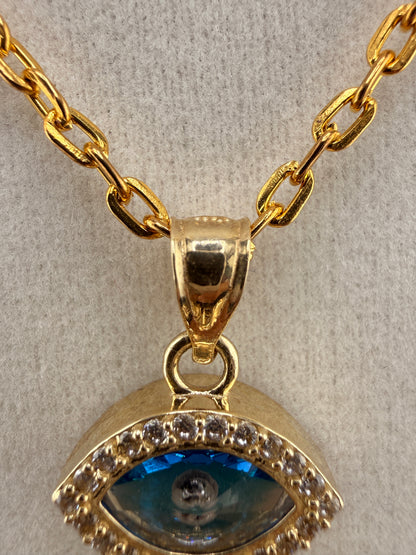 14K Solid Gold CZ Diamond Blue Evil Eye Pendant