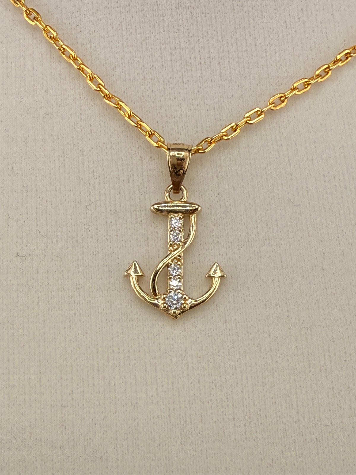 14K CZ Diamond Anchor Pendant