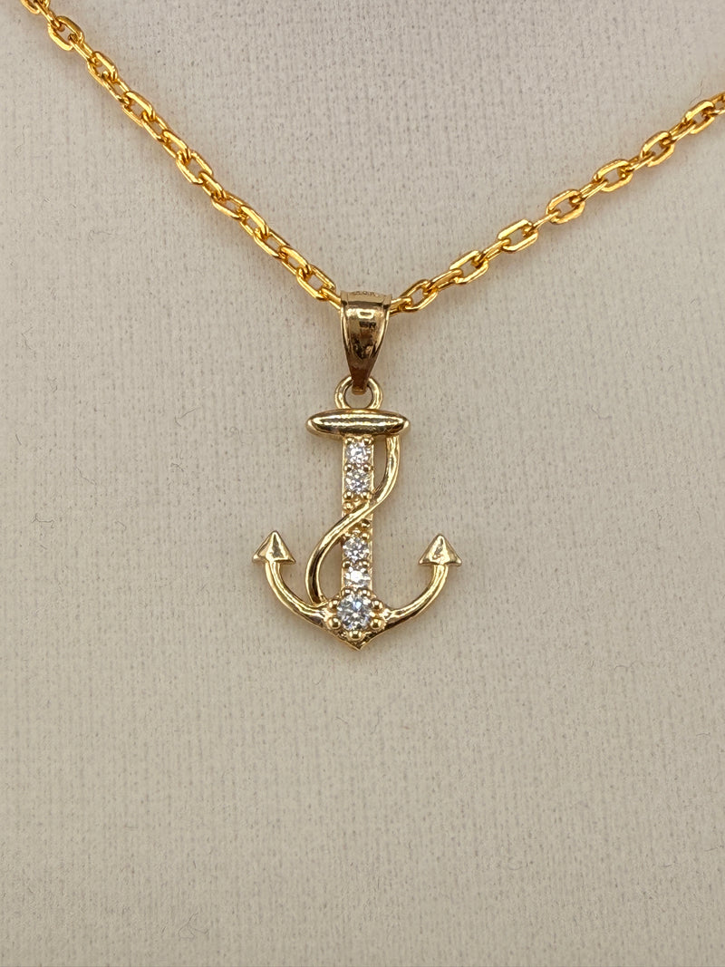 14K CZ Diamond Anchor Pendant
