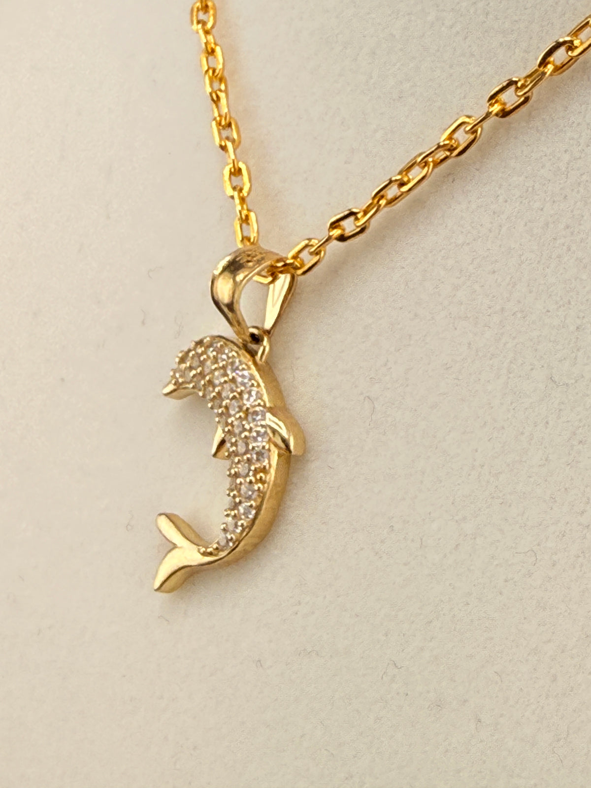 14K Gold CZ Diamond Dolphin Pendant