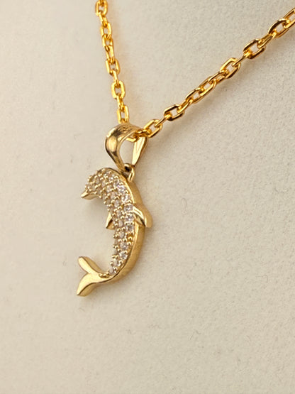 14K Gold CZ Diamond Dolphin Pendant