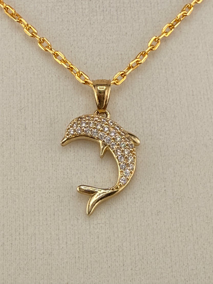 14K Gold CZ Diamond Dolphin Pendant